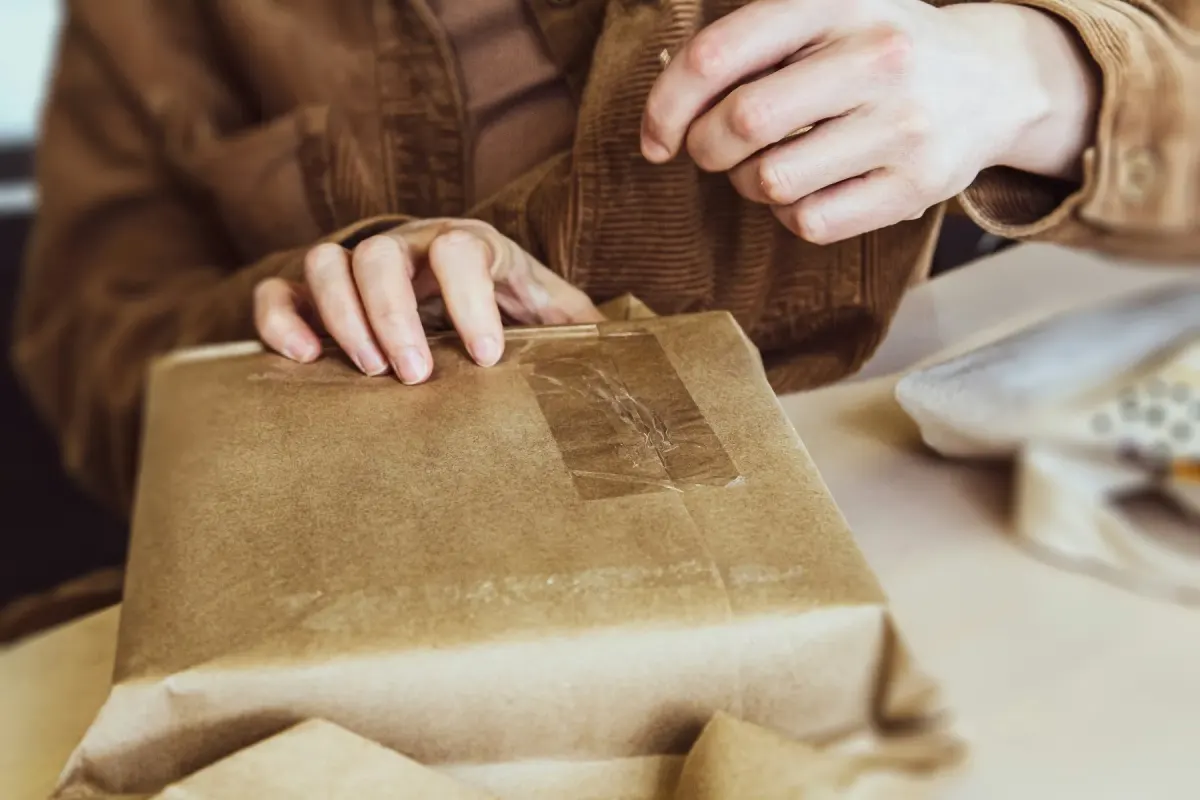 Mãos a fechar com fita uma encomenda embrulhada em papel pardo, pronta a enviar