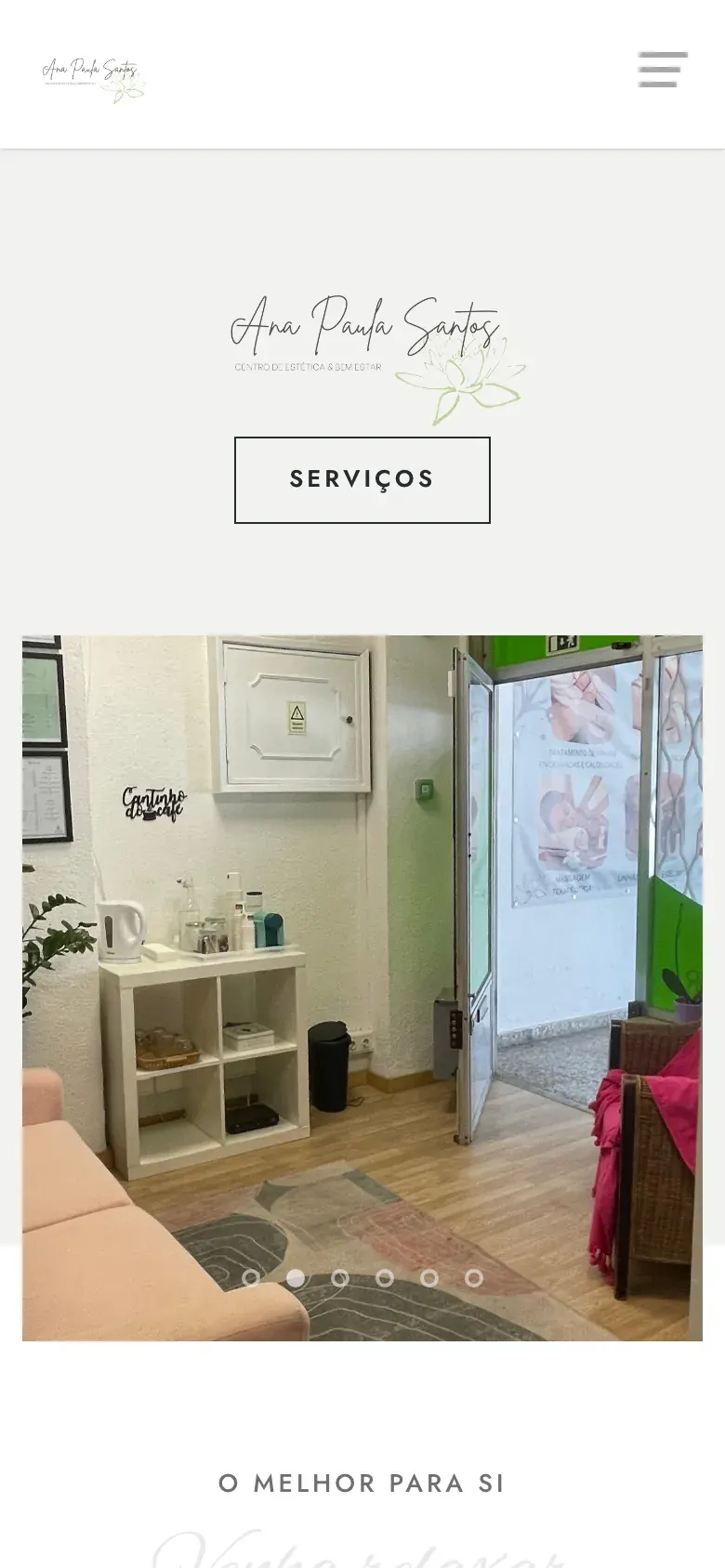 Página inicial de Ana Paula Santos com categorias de tratamentos e um botão para fazer uma marcação, num telemóvel