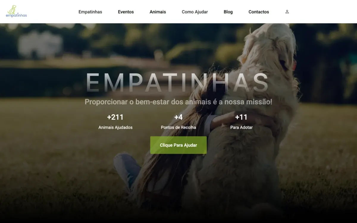 Página inicial da Empatinhas a apresentar a missão da associação com a fotografia de um cão resgatado