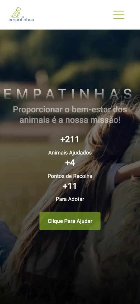 Página inicial da Empatinhas a apresentar a missão da associação com a fotografia de um cão resgatado (telemóvel)