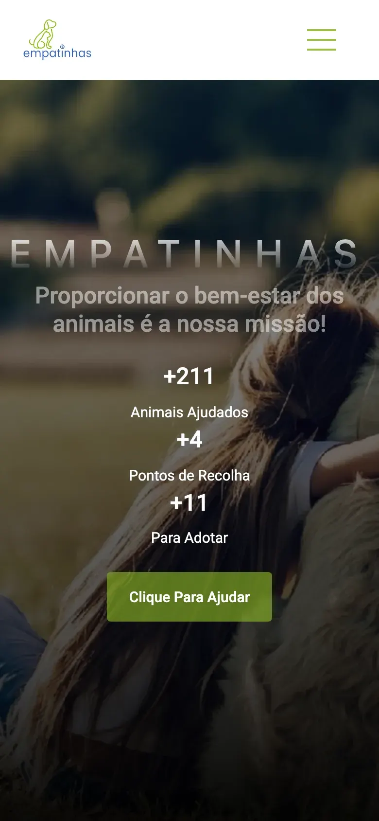 Página inicial da Empatinhas a apresentar a missão da associação com a fotografia de um cão resgatado, num telemóvel
