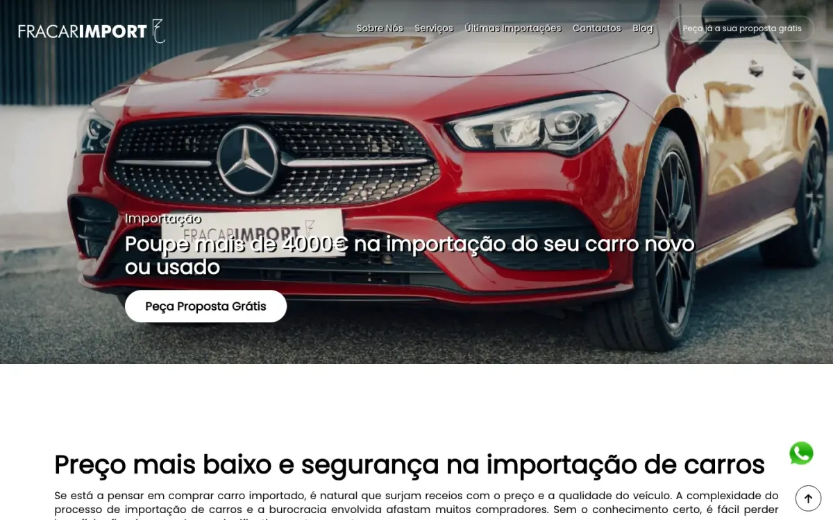 Página inicial da FraCar Import com a fotografia de um carro e um apelo a pedir um orçamento de importação gratuito