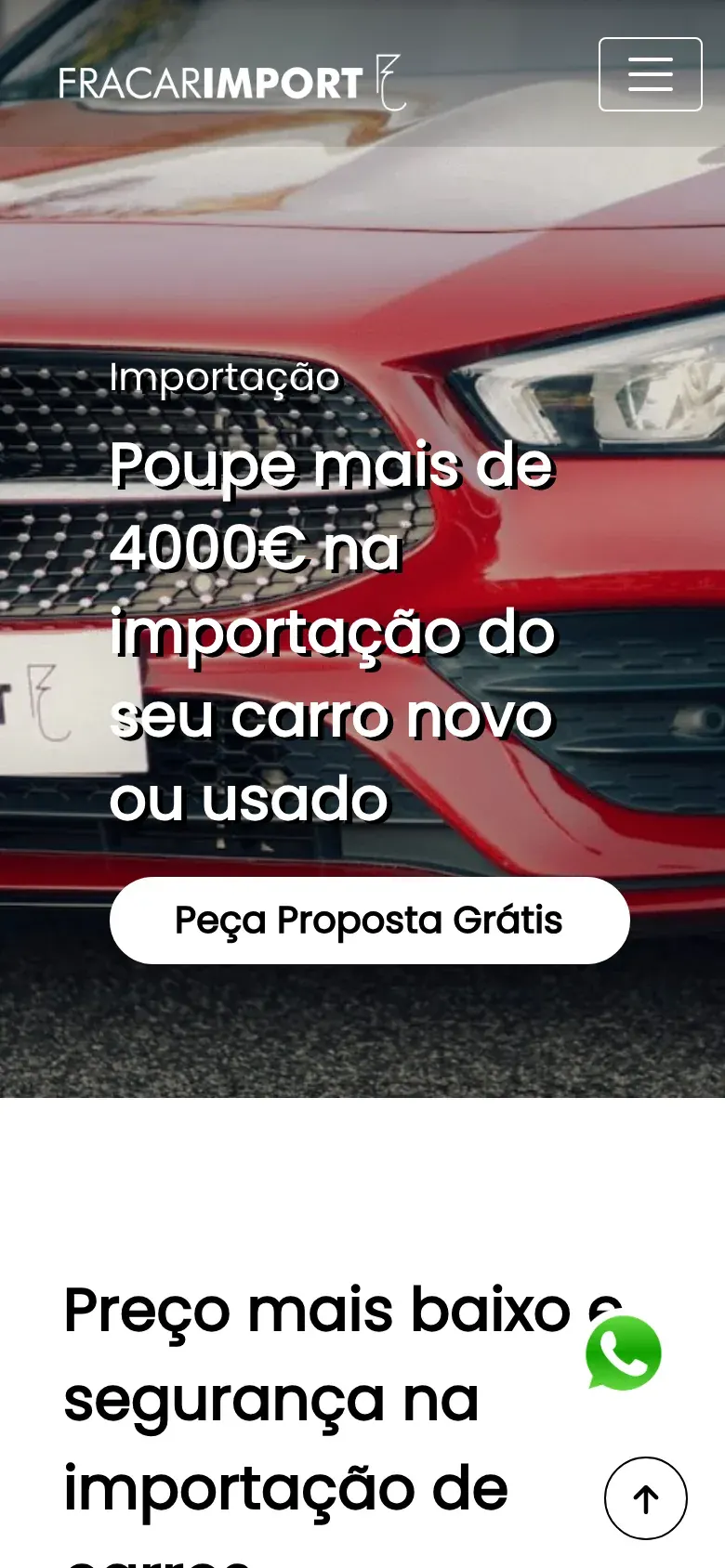 Página inicial da FraCar Import com a fotografia de um carro e um apelo a pedir um orçamento de importação gratuito, num telemóvel