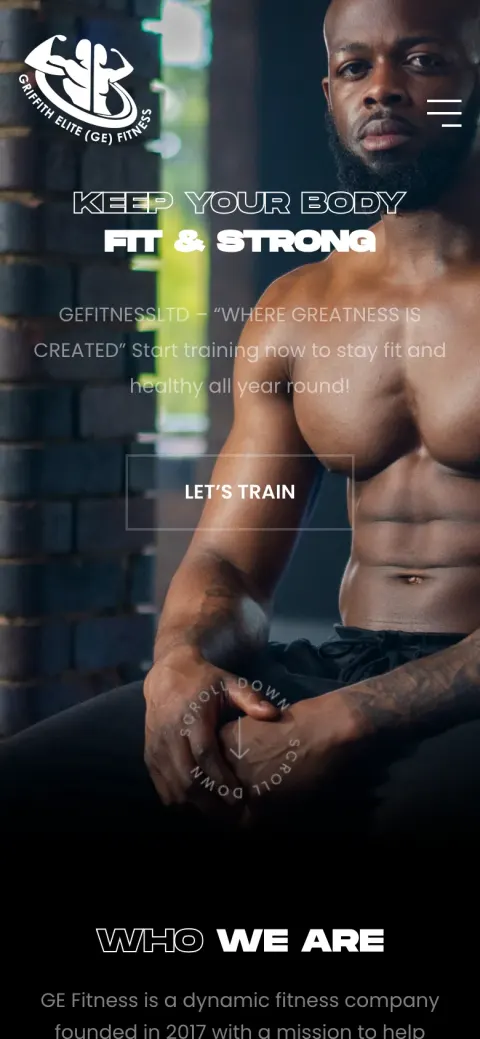 Página inicial da GE Fitness com um slider de destaque e navegação para login de membros, programas e contacto (telemóvel)