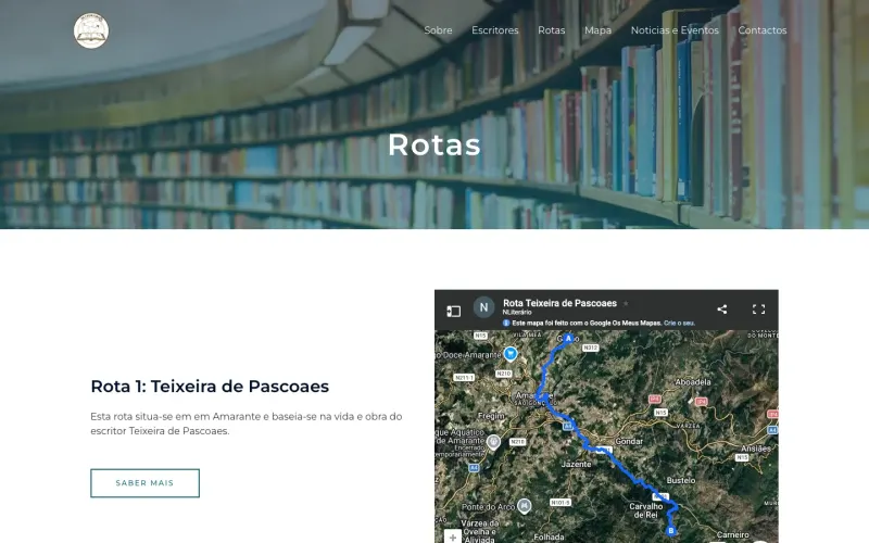 Página das rotas do NLiterário: a rota de Teixeira de Pascoaes, em Amarante, ao lado do seu mapa