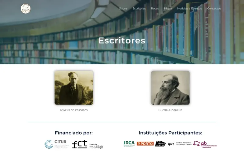 Página dos escritores do NLiterário: Teixeira de Pascoaes e Guerra Junqueiro, com os financiadores e as instituições parceiras do projeto em baixo